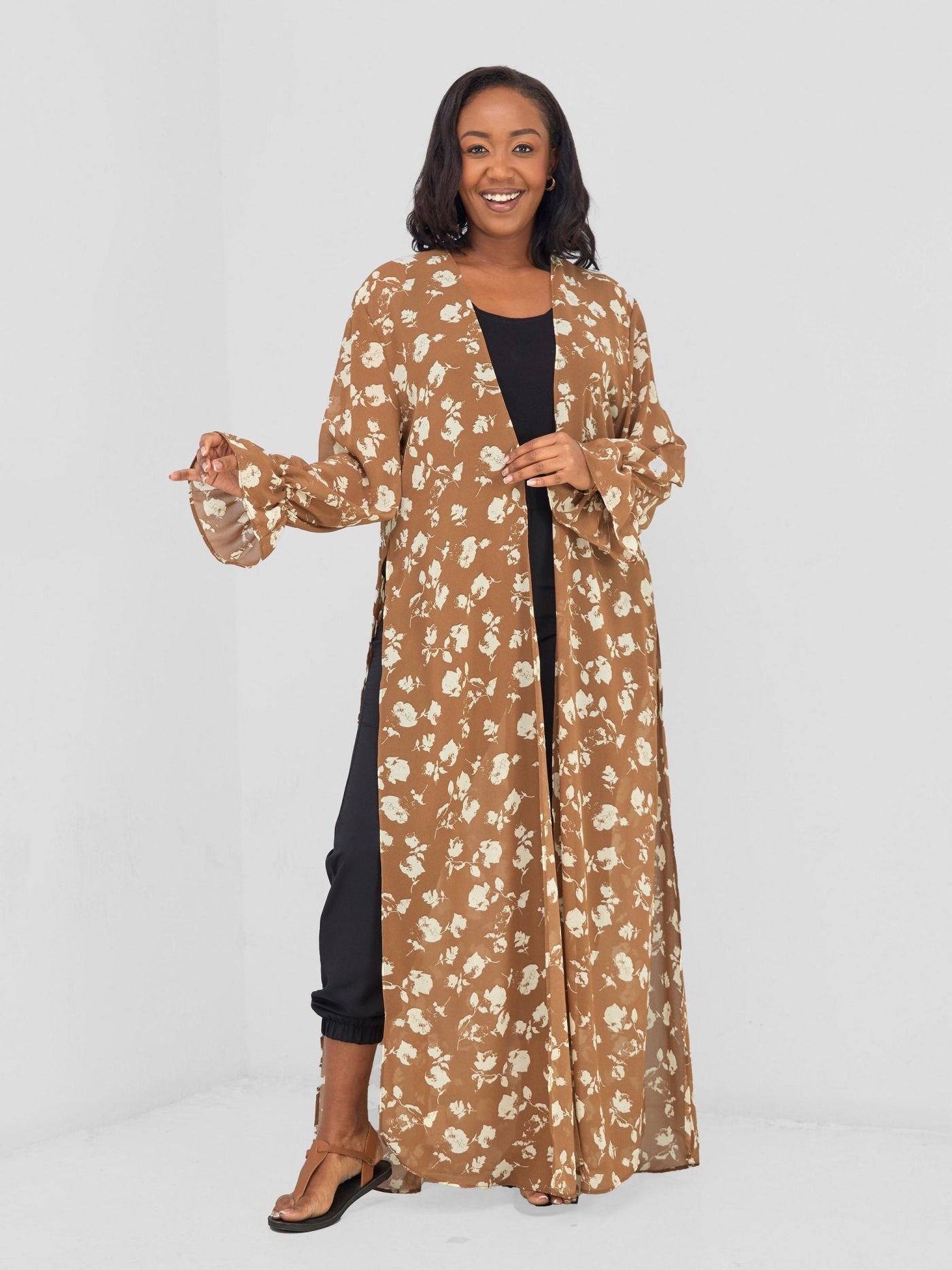 Vivo Jema High Slit Maxi Kimono - Cream / Brown - Shopzetu