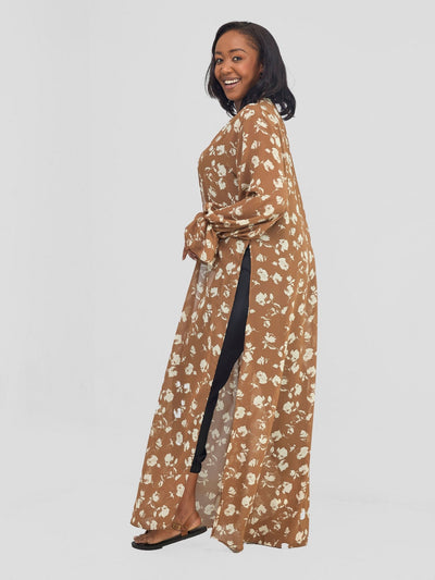 Vivo Jema High Slit Maxi Kimono - Cream / Brown - Shopzetu