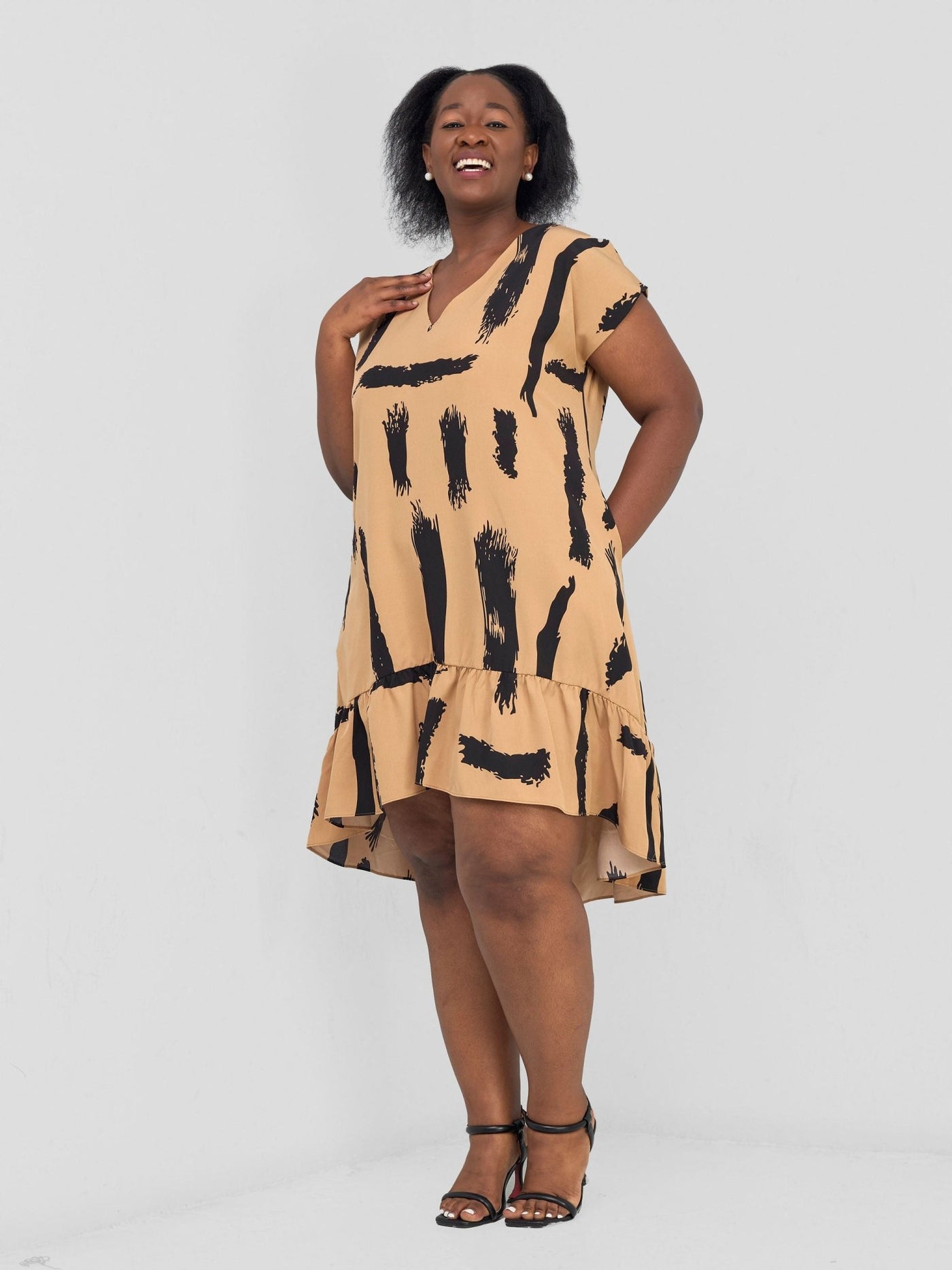 Vivo Asha Drop Shoulder Knee Length Dress - Tan / Black Print - Shopzetu