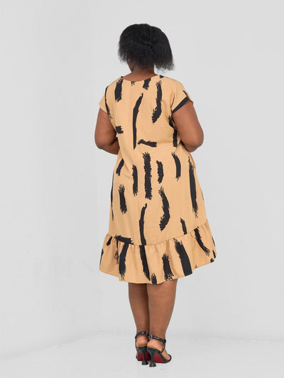 Vivo Asha Drop Shoulder Knee Length Dress - Tan / Black Print - Shopzetu