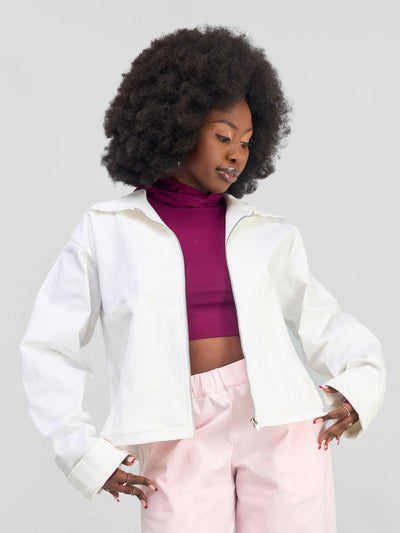 Zoya Banda Waist Length Zipped Jacket - White - Shopzetu