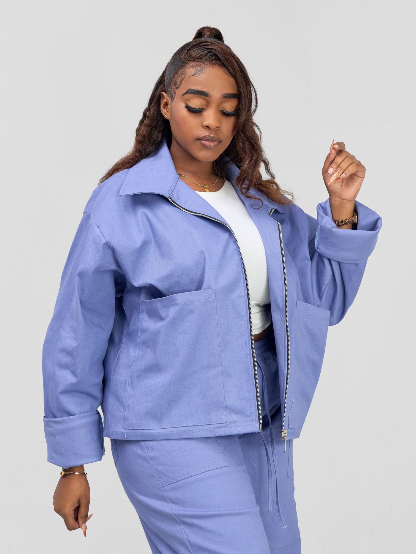 Zoya Banda Waist Length Zipped Jacket - Blue - Shopzetu