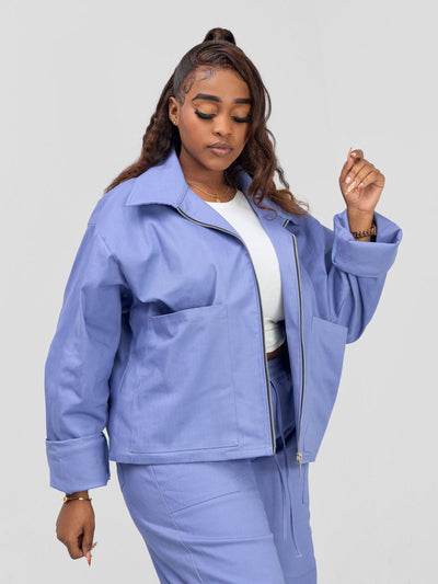 Zoya Banda Waist Length Zipped Jacket - Blue - Shopzetu