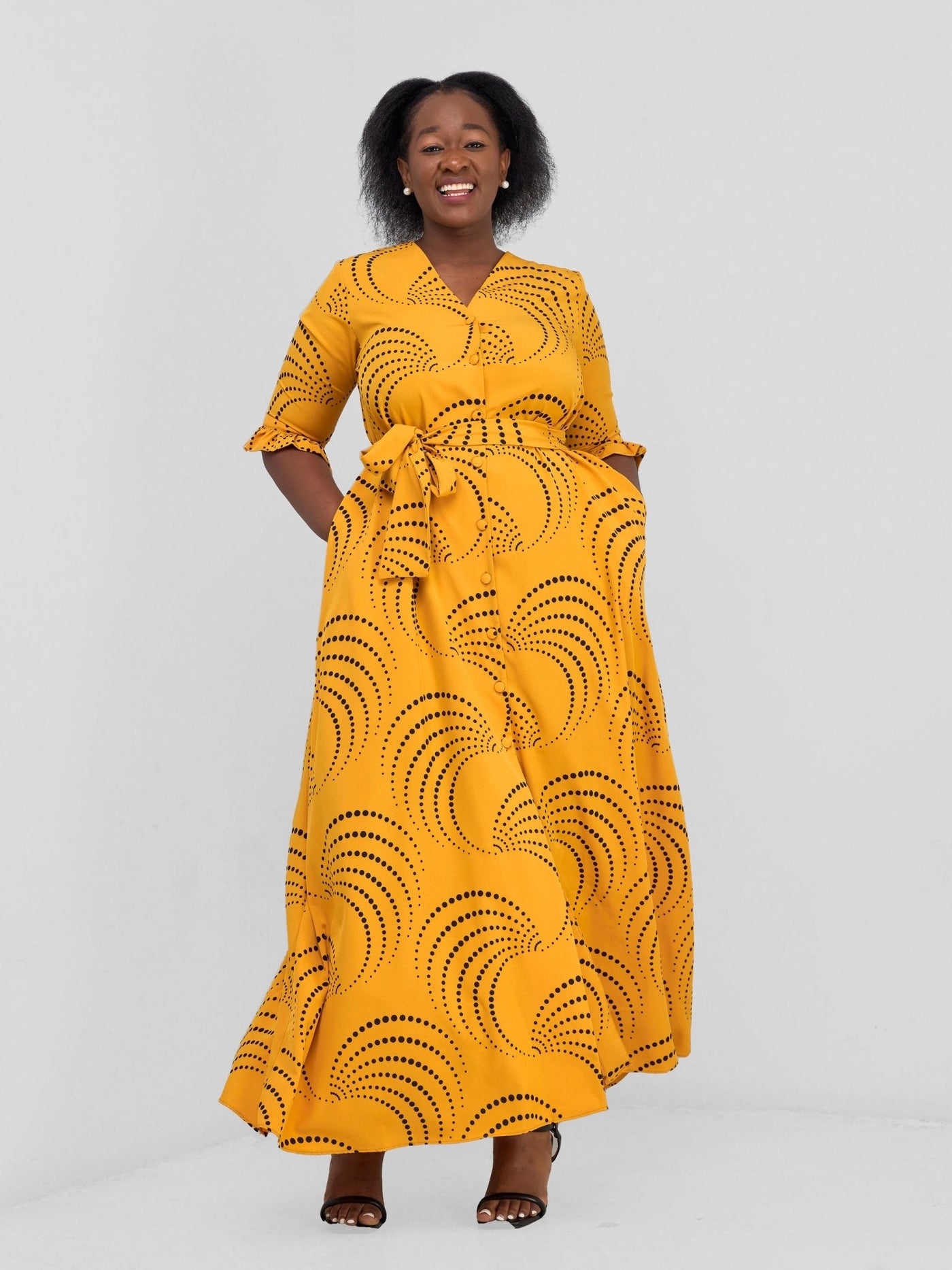 Vivo Nasinka Maxi Shirt Dress - Light Mustard / Black Sinka Print - Shopzetu