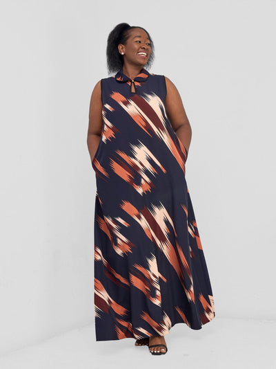 Vivo Asha Sleeveless Maxi Dress - Navy / Brown Print - Shopzetu