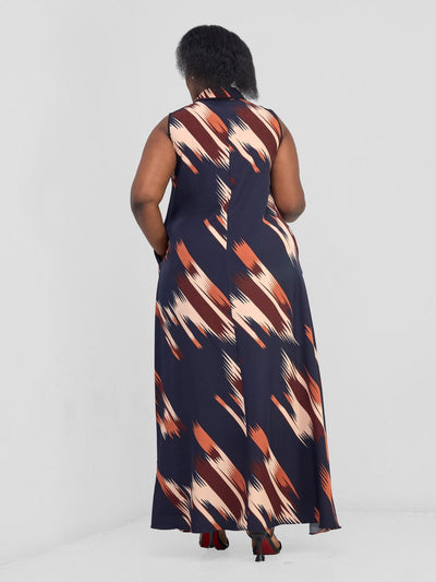 Vivo Asha Sleeveless Maxi Dress - Navy / Brown Print - Shopzetu