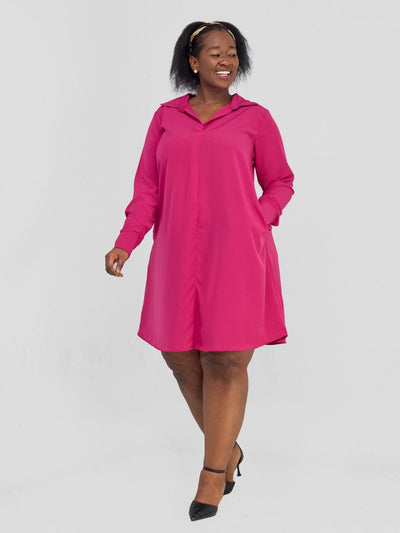 Vivo Yumi Long Sleeve Tent Shirt Dress - Hot Pink - Shopzetu