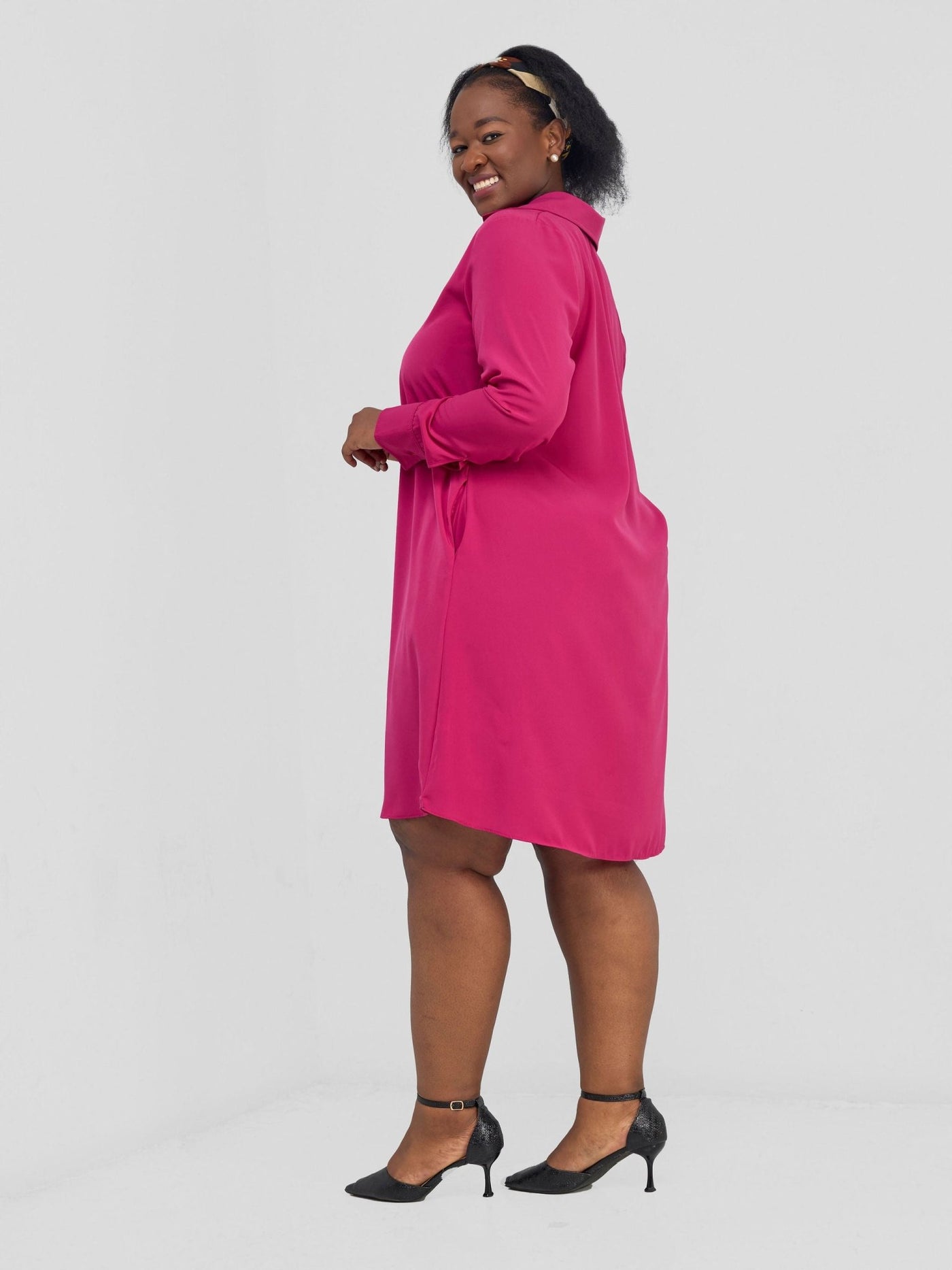 Vivo Yumi Long Sleeve Tent Shirt Dress - Hot Pink - Shopzetu