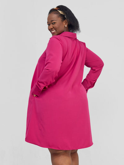 Vivo Yumi Long Sleeve Tent Shirt Dress - Hot Pink - Shopzetu