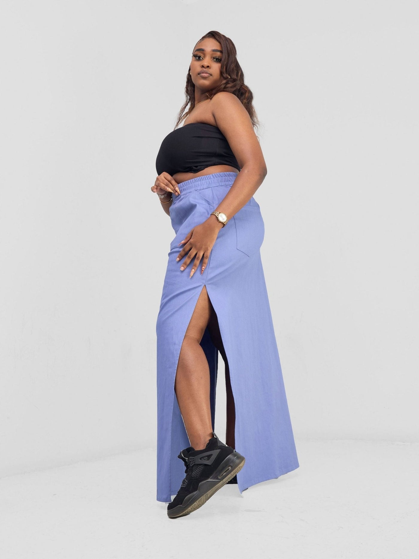 Zoya Banda High Slit Maxi Skirt - Blue - Shopzetu