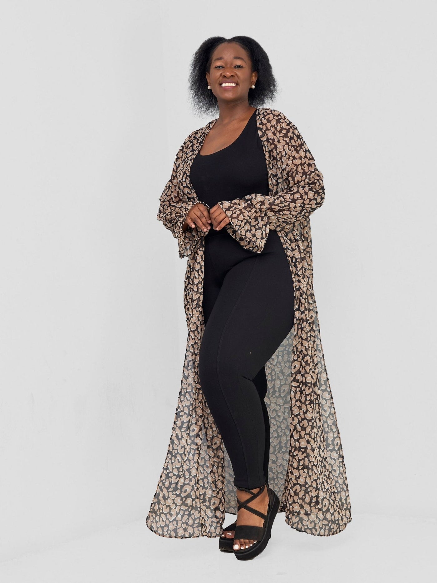 Vivo Jema High Slit Maxi Kimono - Black / Brown - Shopzetu