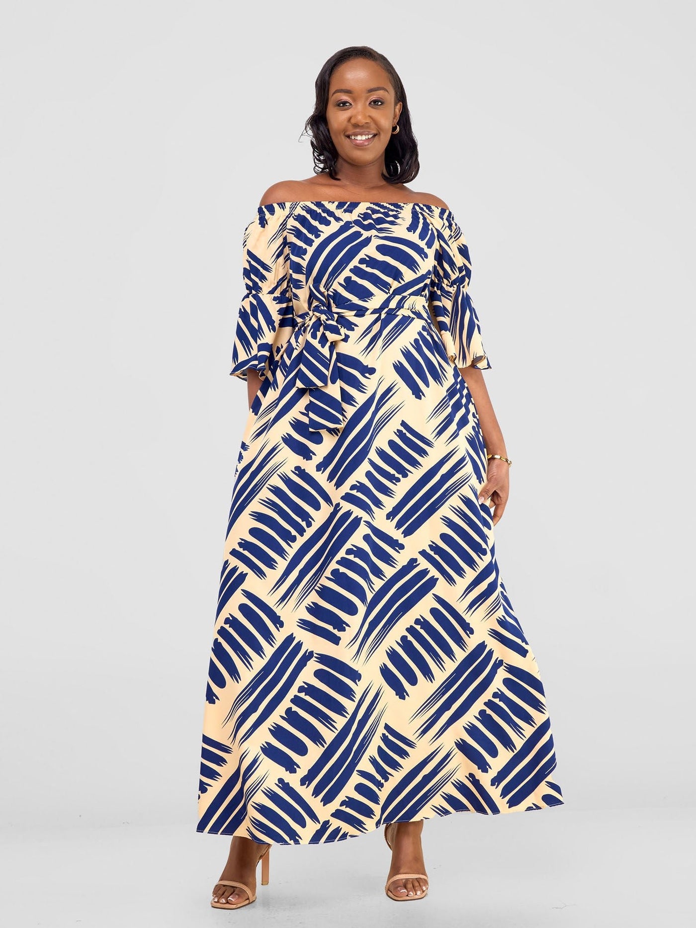 Vivo Tana Off Shoulder Maxi Dress - Navy Blue / Cream Print - Shopzetu