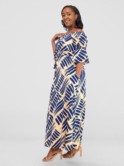 Vivo Tana Off Shoulder Maxi Dress - Navy Blue / Cream Print - Shopzetu