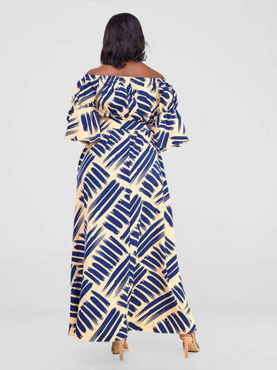 Vivo Tana Off Shoulder Maxi Dress - Navy Blue / Cream Print - Shopzetu