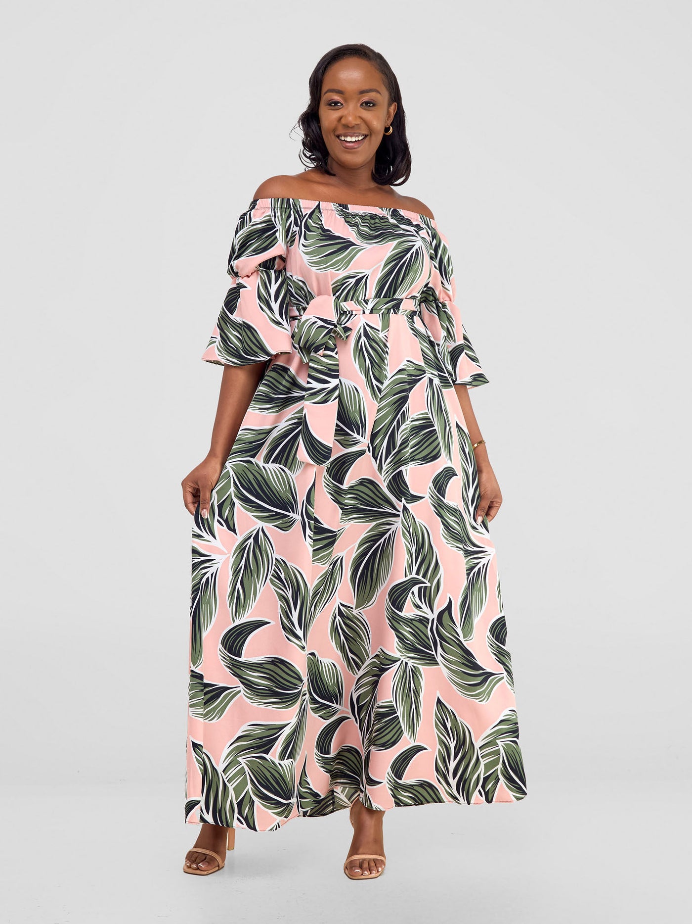 Vivo Tana Off Shoulder Maxi Dress - Pink / Green Print