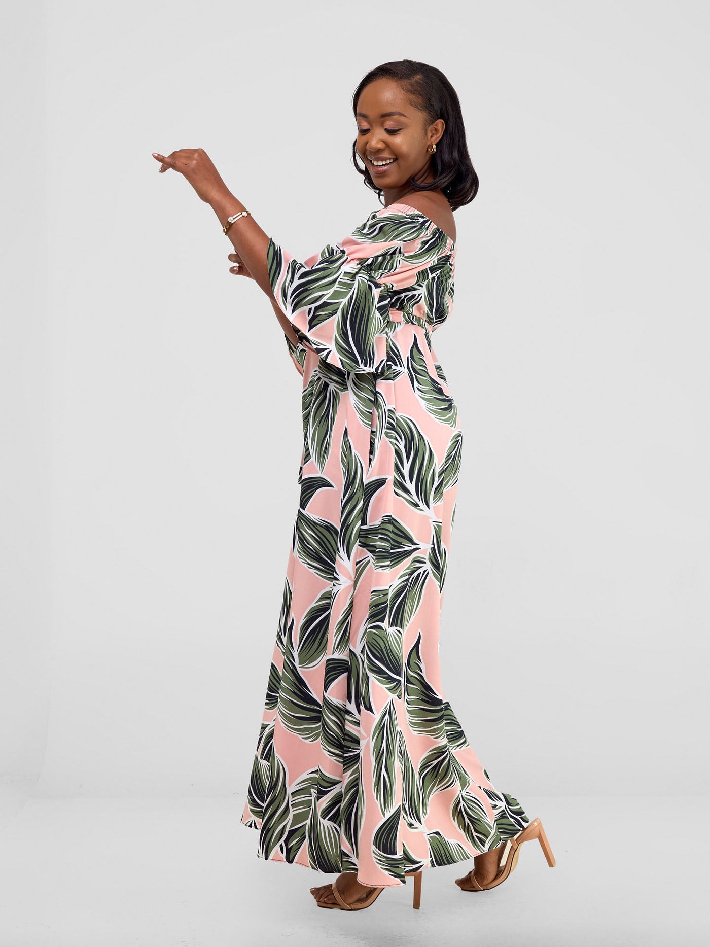 Vivo Tana Off Shoulder Maxi Dress - Pink / Green Print