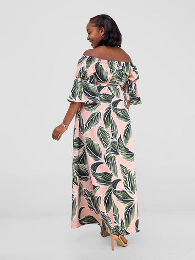 Vivo Tana Off Shoulder Maxi Dress - Pink / Green Print