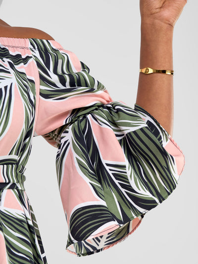 Vivo Tana Off Shoulder Maxi Dress - Pink / Green Print