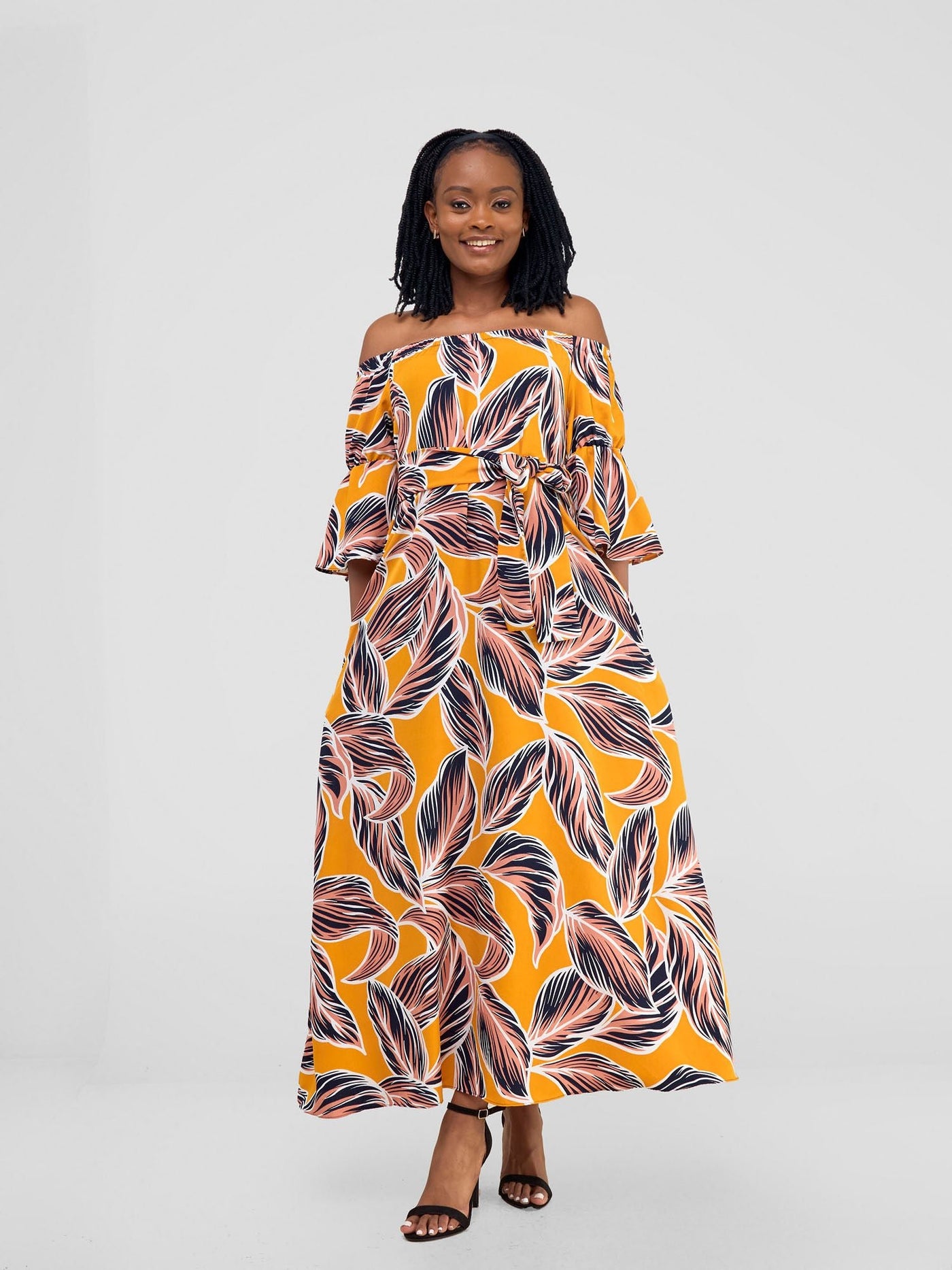 Vivo Tana Off Shoulder Maxi Dress - Peach / Mustard Print - Shopzetu