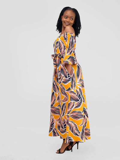 Vivo Tana Off Shoulder Maxi Dress - Peach / Mustard Print - Shopzetu