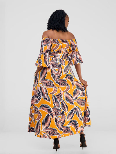 Vivo Tana Off Shoulder Maxi Dress - Peach / Mustard Print - Shopzetu