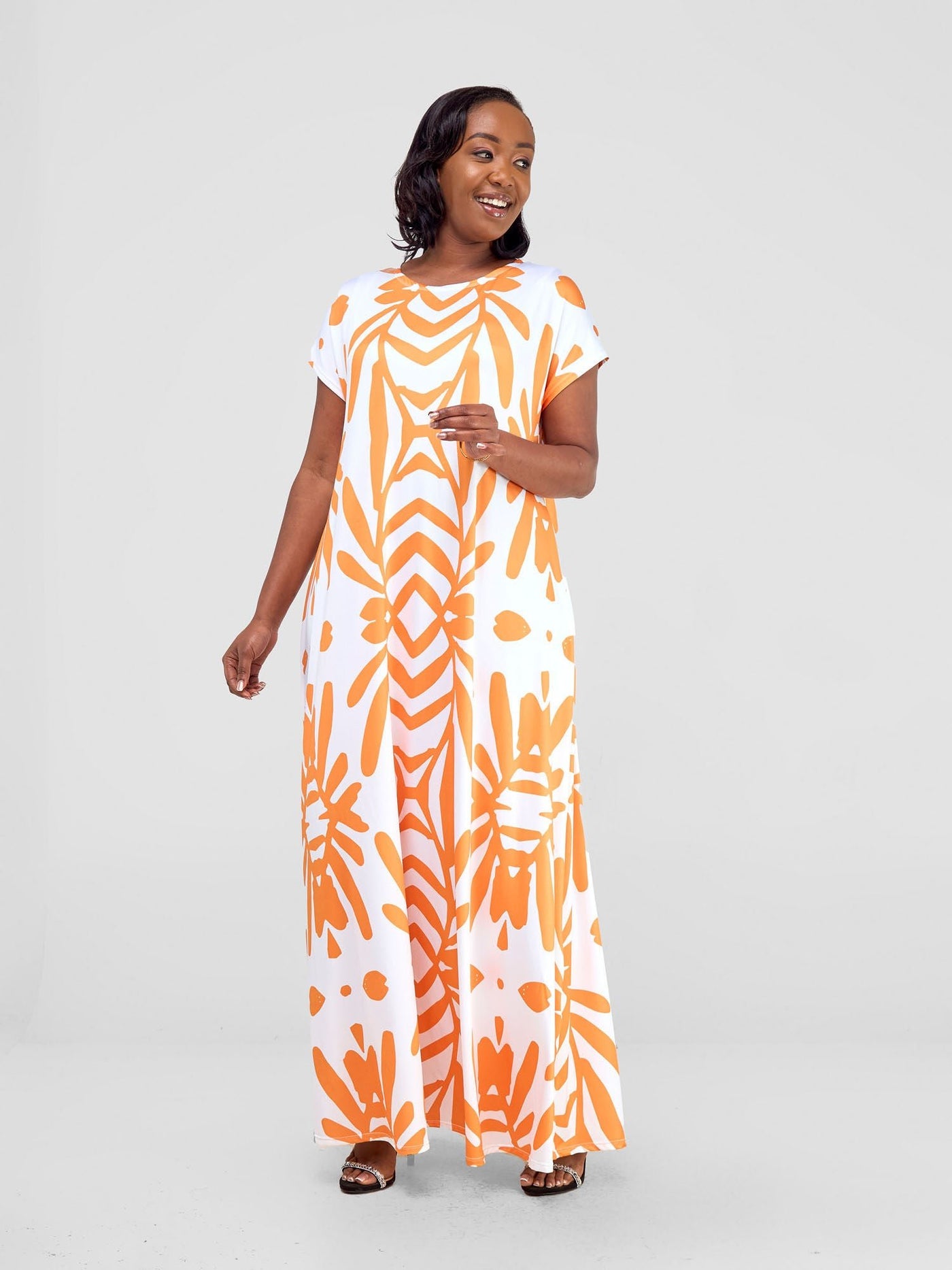 Vivo Kala Maxi Dress - White / Orange Ukwi Print - Shopzetu