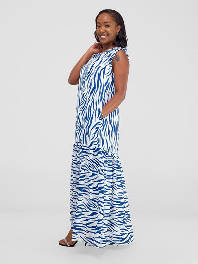 Vivo Ava Tent Flounce Maxi Dress - Blue / White Print - Shopzetu