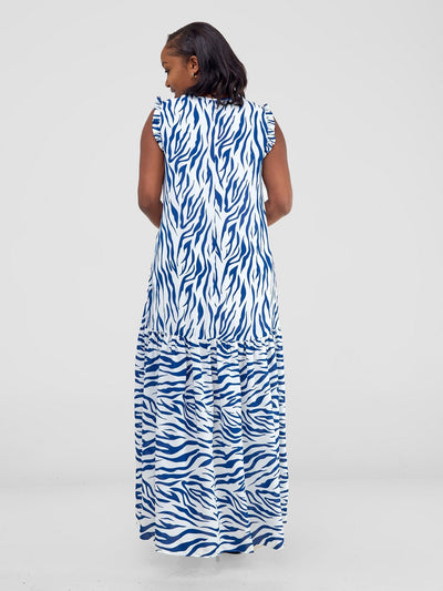 Vivo Ava Tent Flounce Maxi Dress - Blue / White Print - Shopzetu