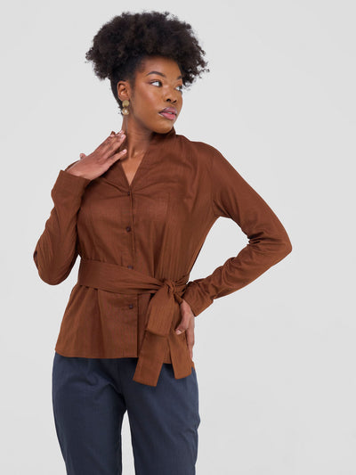 Savannah Chinese Collar Shirt - Chocolate