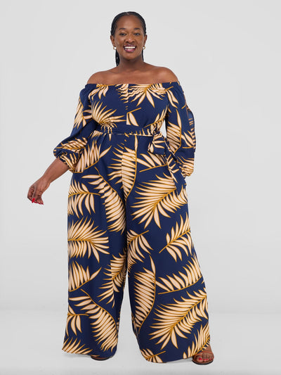 Vivo Yumi Off Shoulder Jumpsuit - Navy / Peach Palm Leaves - Shopzetu