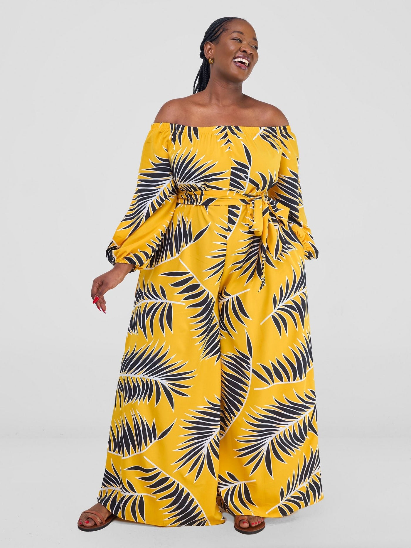 Vivo Yumi Off Shoulder Jumpsuit - Yellow / Black Palm Leaves - Shopzetu