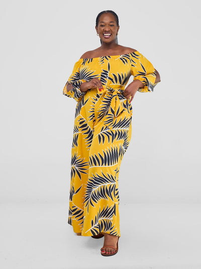 Vivo Yumi Off Shoulder Jumpsuit - Yellow / Black Palm Leaves - Shopzetu