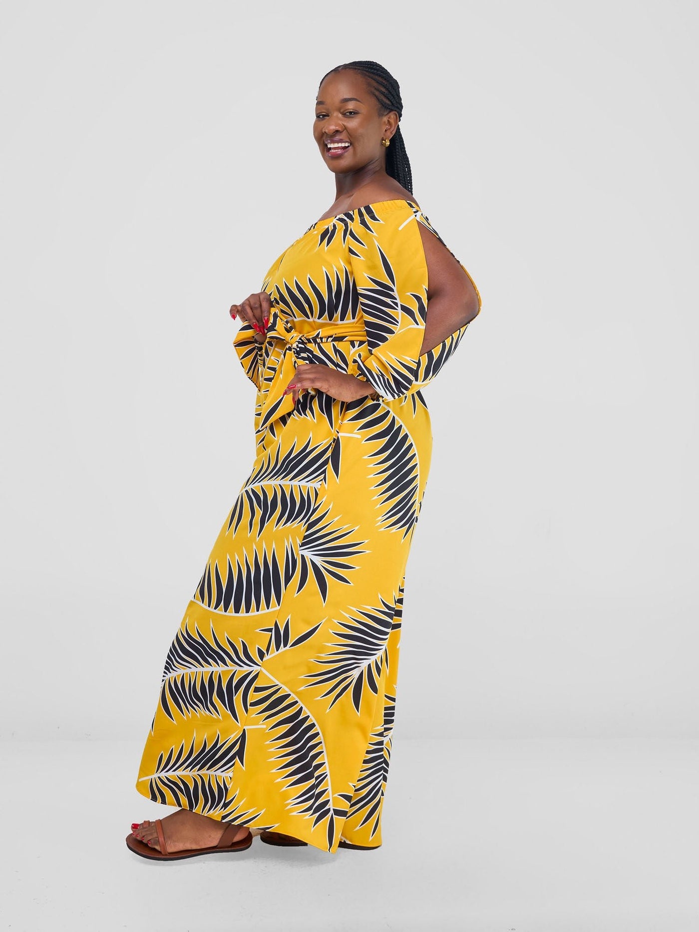 Vivo Yumi Off Shoulder Jumpsuit - Yellow / Black Palm Leaves - Shopzetu