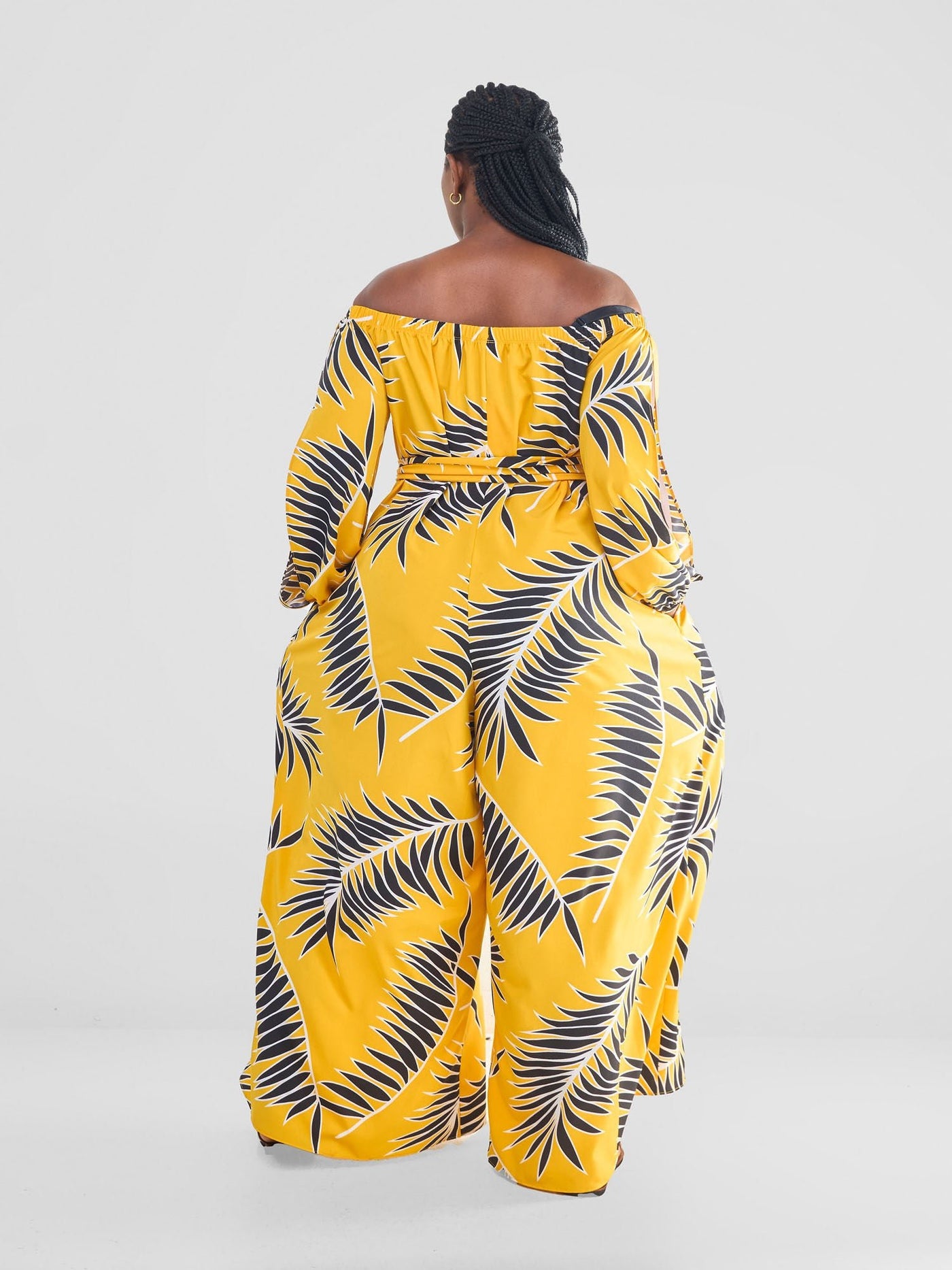 Vivo Yumi Off Shoulder Jumpsuit - Yellow / Black Palm Leaves - Shopzetu