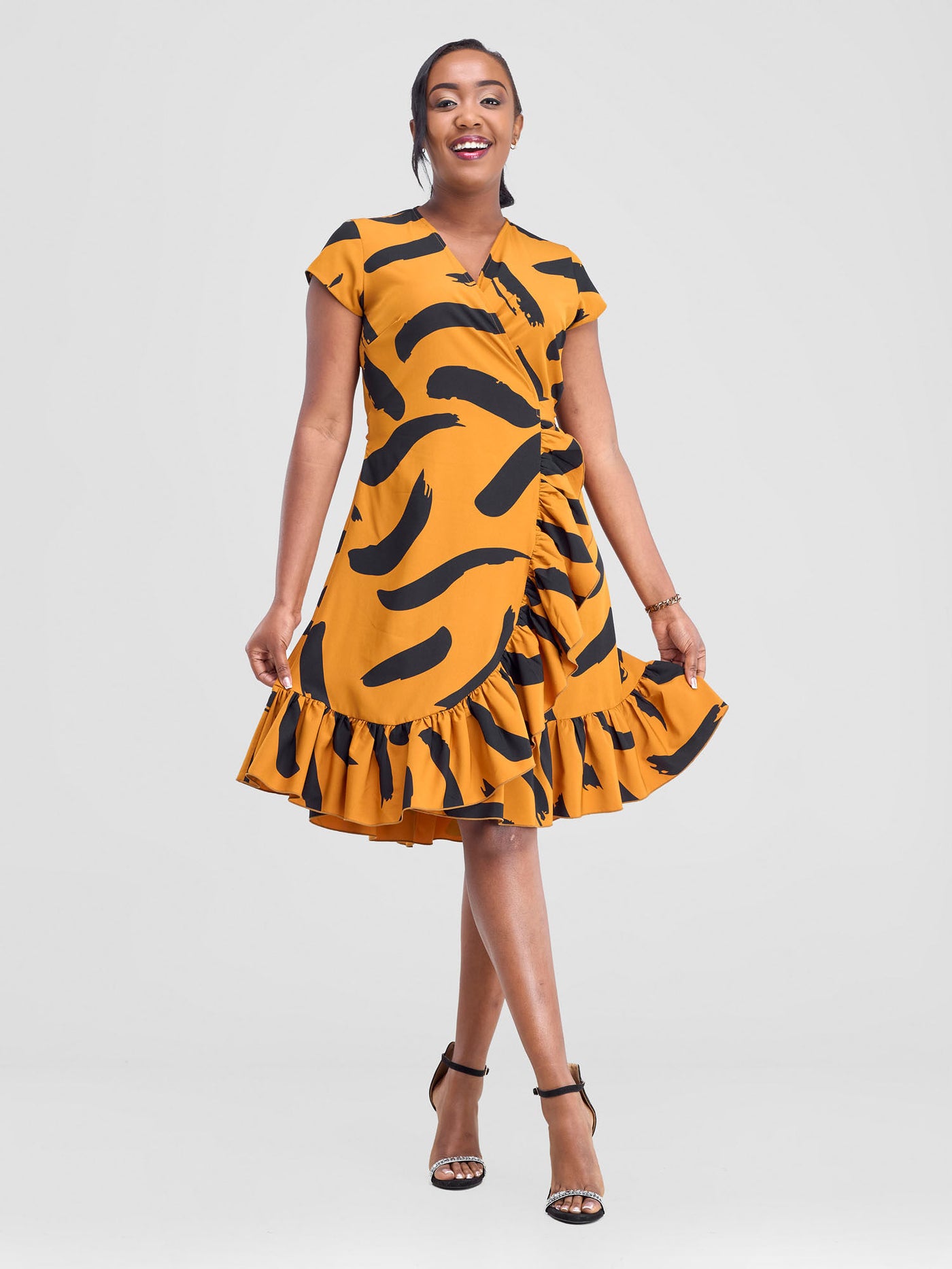 Vivo Nasinka Wrap Dress - Dark Mustard / Black Nasi Print