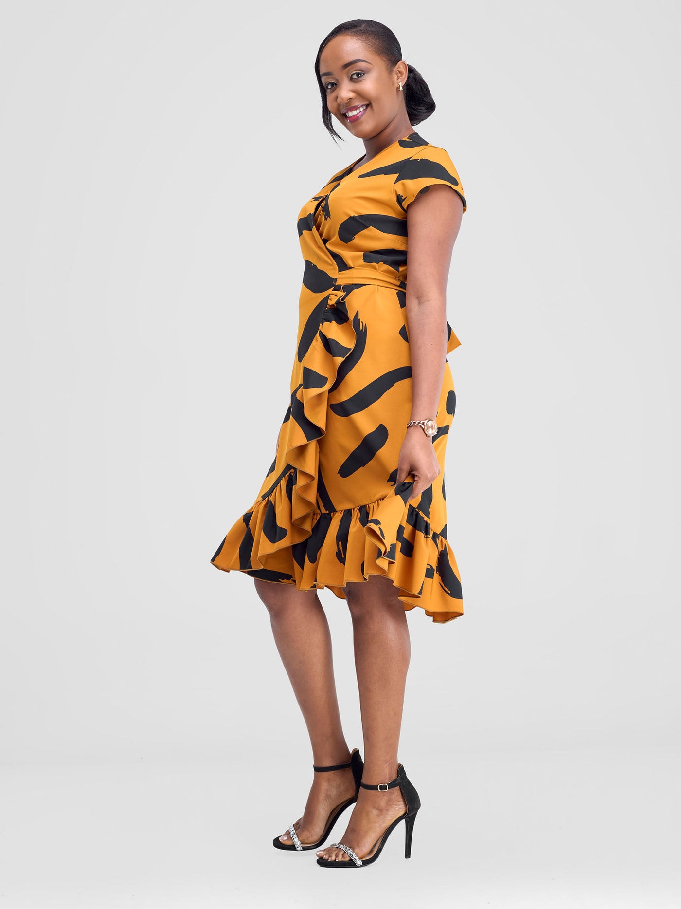 Vivo Nasinka Wrap Dress - Dark Mustard / Black Nasi Print