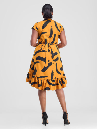 Vivo Nasinka Wrap Dress - Dark Mustard / Black Nasi Print