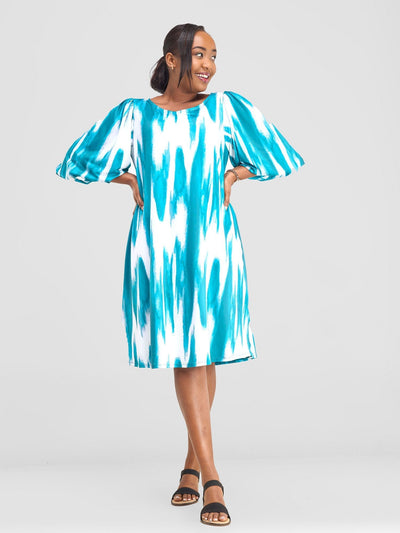 Vivo Nkasi Bubble Sleeve Knee Length Dress - White / Teal Shibori Print - Shopzetu