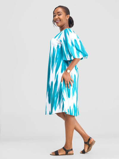 Vivo Nkasi Bubble Sleeve Knee Length Dress - White / Teal Shibori Print - Shopzetu