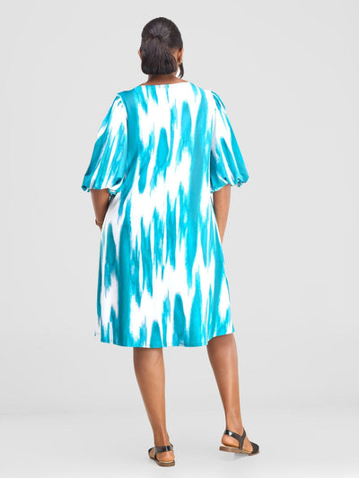 Vivo Nkasi Bubble Sleeve Knee Length Dress - White / Teal Shibori Print - Shopzetu