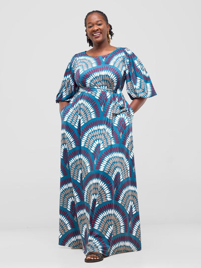 Vivo Nkasi Bubble Sleeve Maxi Dress - Teal / Burgundy Kasi Print - Shopzetu