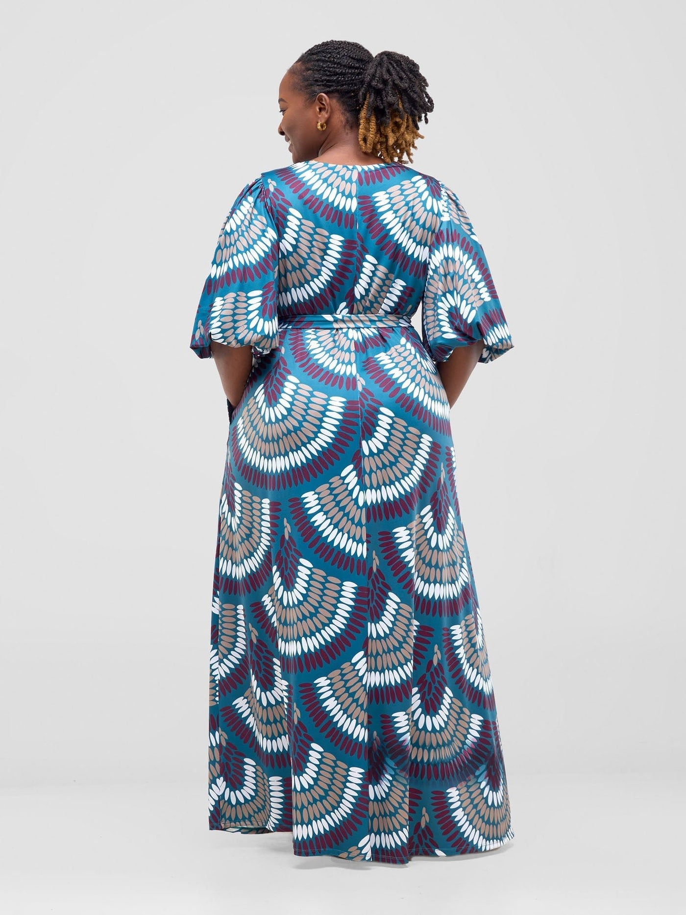 Vivo Nkasi Bubble Sleeve Maxi Dress - Teal / Burgundy Kasi Print - Shopzetu