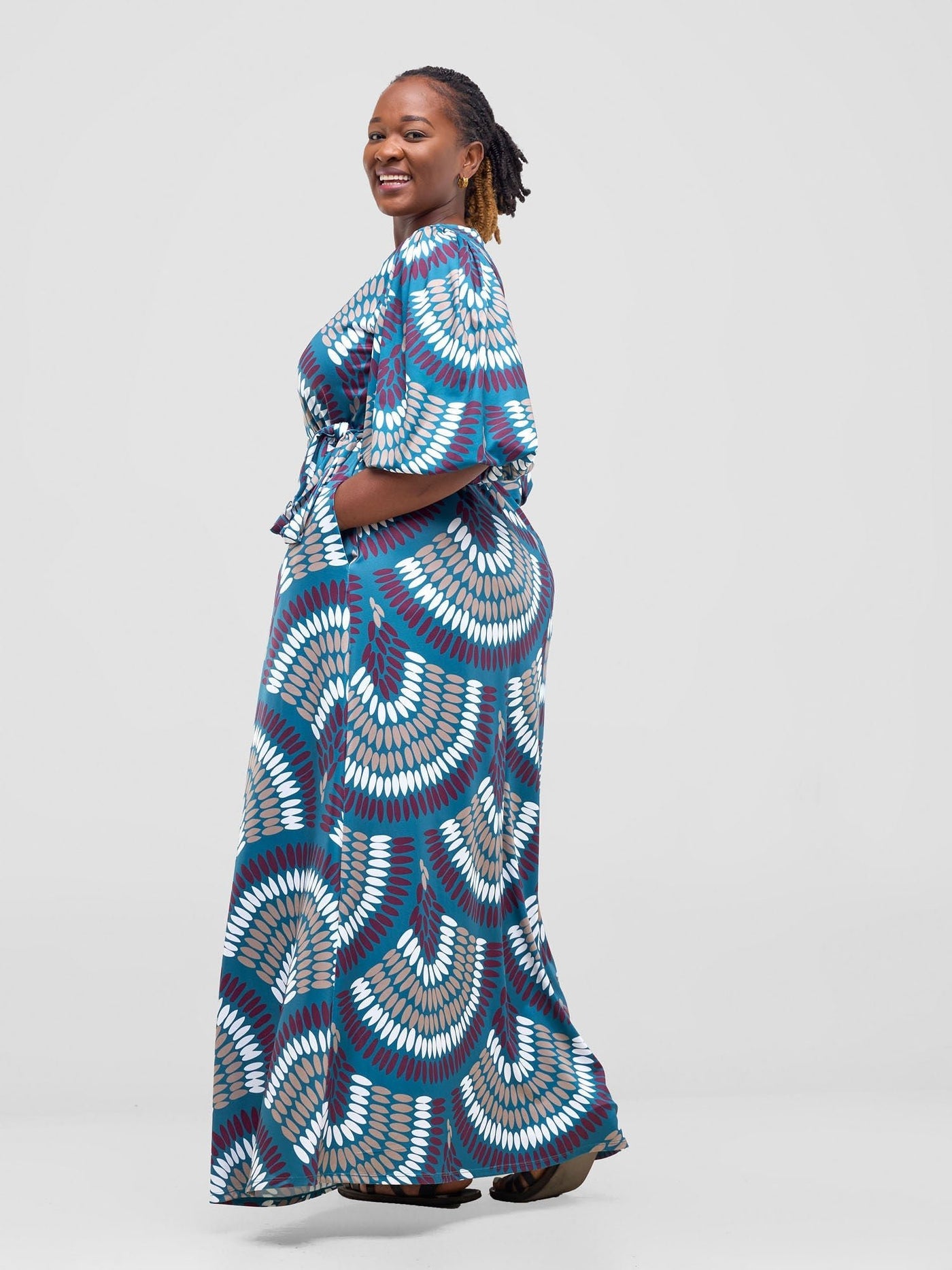 Vivo Nkasi Bubble Sleeve Maxi Dress - Teal / Burgundy Kasi Print - Shopzetu