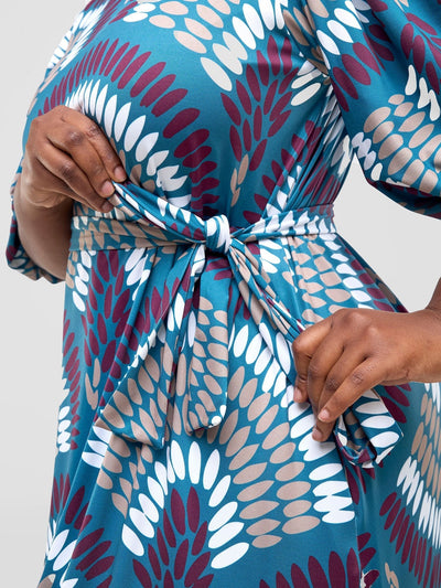 Vivo Nkasi Bubble Sleeve Maxi Dress - Teal / Burgundy Kasi Print - Shopzetu