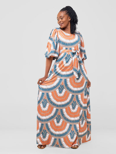 Vivo Nkasi Bubble Sleeve Maxi Dress - Taupe / Orange Nkasi Print - Shopzetu