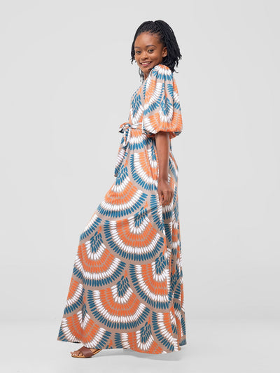 Vivo Nkasi Bubble Sleeve Maxi Dress - Taupe / Orange Nkasi Print - Shopzetu