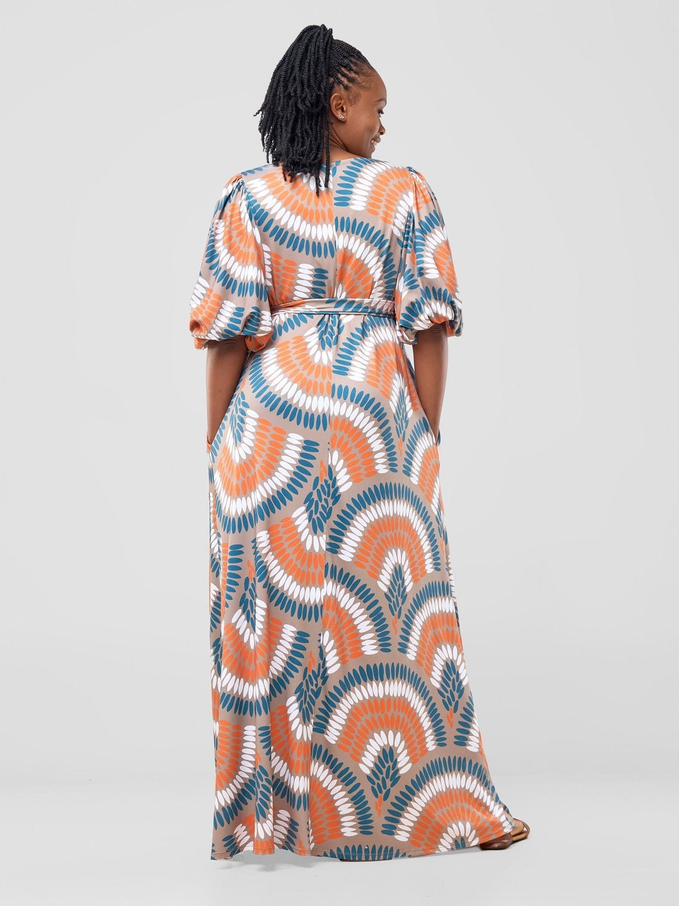 Vivo Nkasi Bubble Sleeve Maxi Dress - Taupe / Orange Nkasi Print - Shopzetu