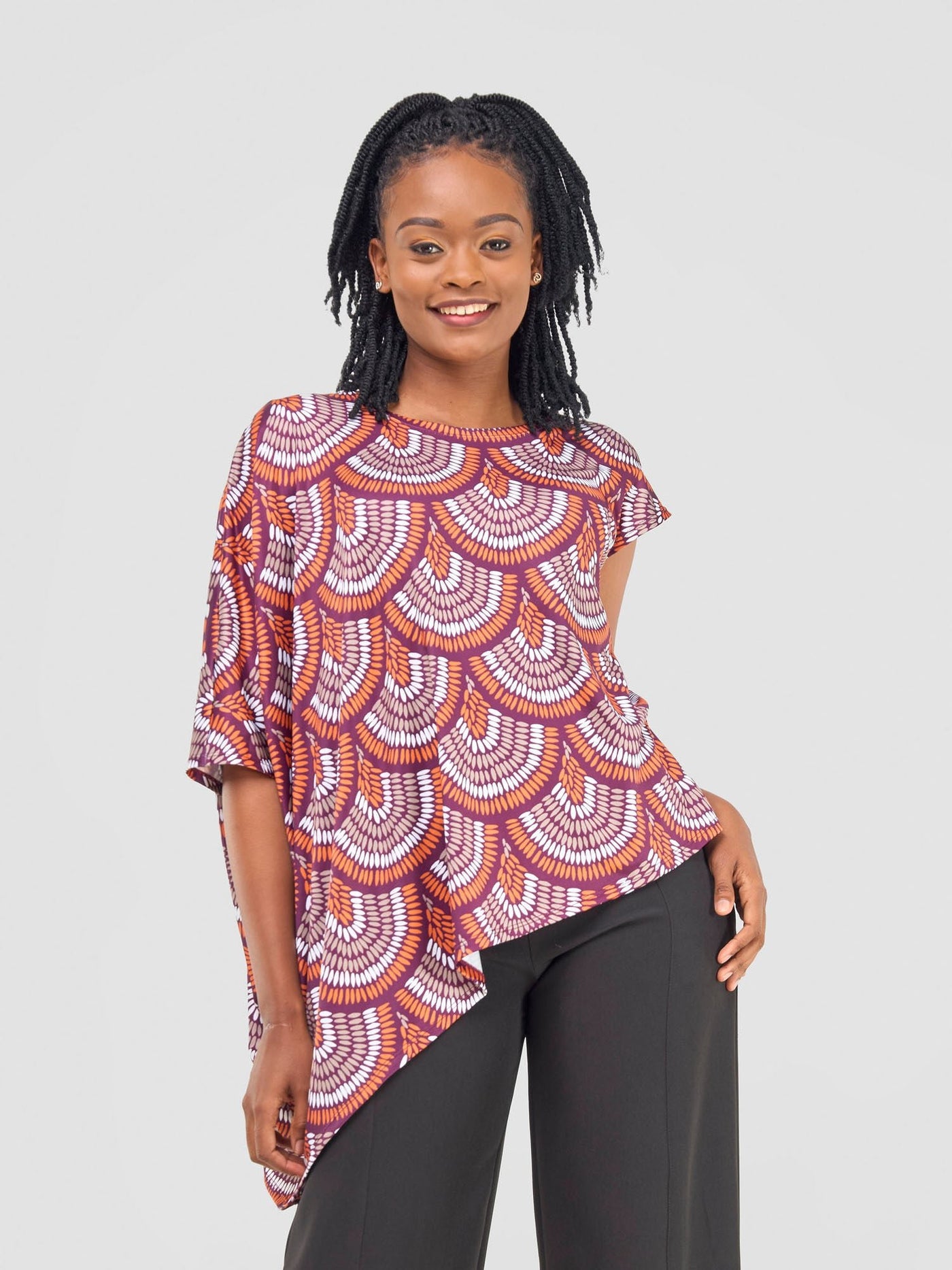 Vivo Nkasi Asymmetrical Top - Burgundy / Orange Kasi Print - Shopzetu