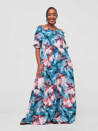 Vivo Situ Off - shoulder Tie Maxi Dress - Lilac / Teal Print - Shopzetu