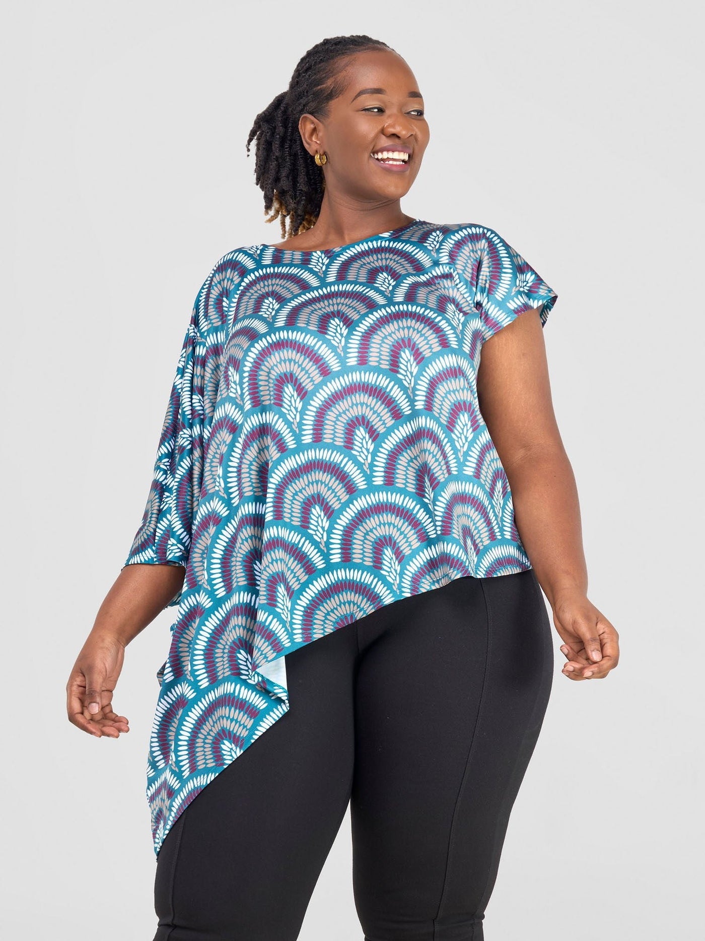 Vivo Nkasi Asymmetrical Top - Teal / Burgundy Kasi Print - Shopzetu